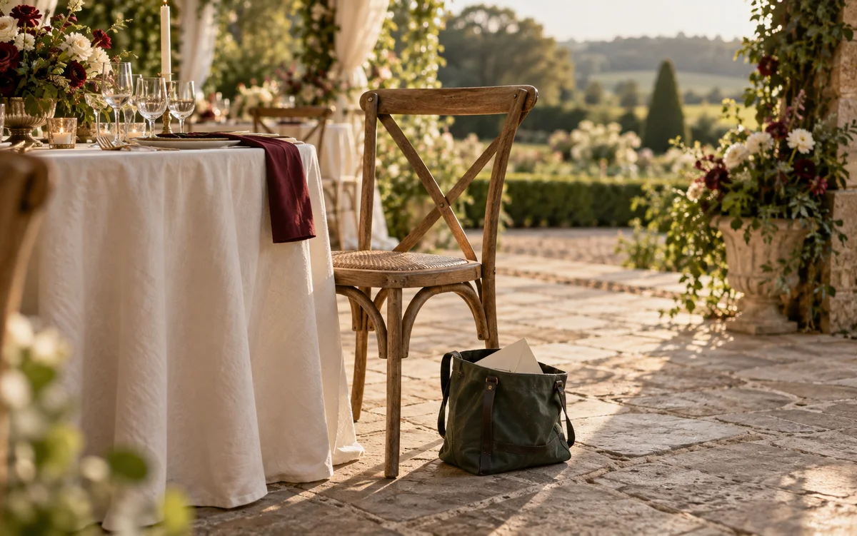 Fictional wedding scene: an empty chair, a green bag, and an envelope at a reception table